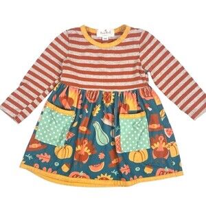 Marie Nicole Novelty Thanksgiving Stripe Dot LS Knit Swing Dress Fall  XXS 12-18